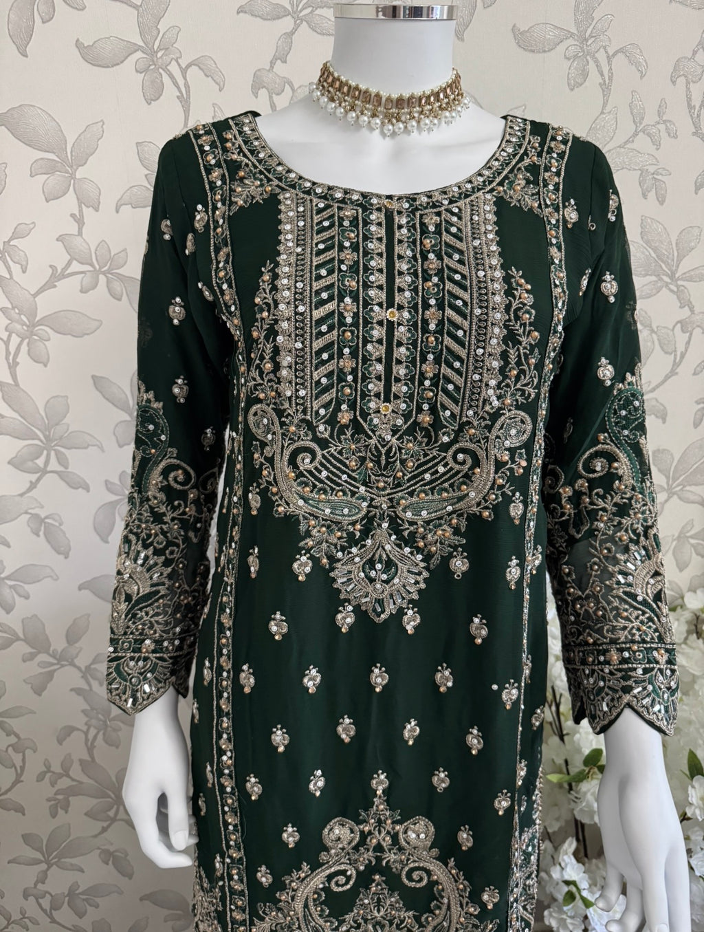 SAFFA- 3 piece Embroidered Chiffon Gharara Suit