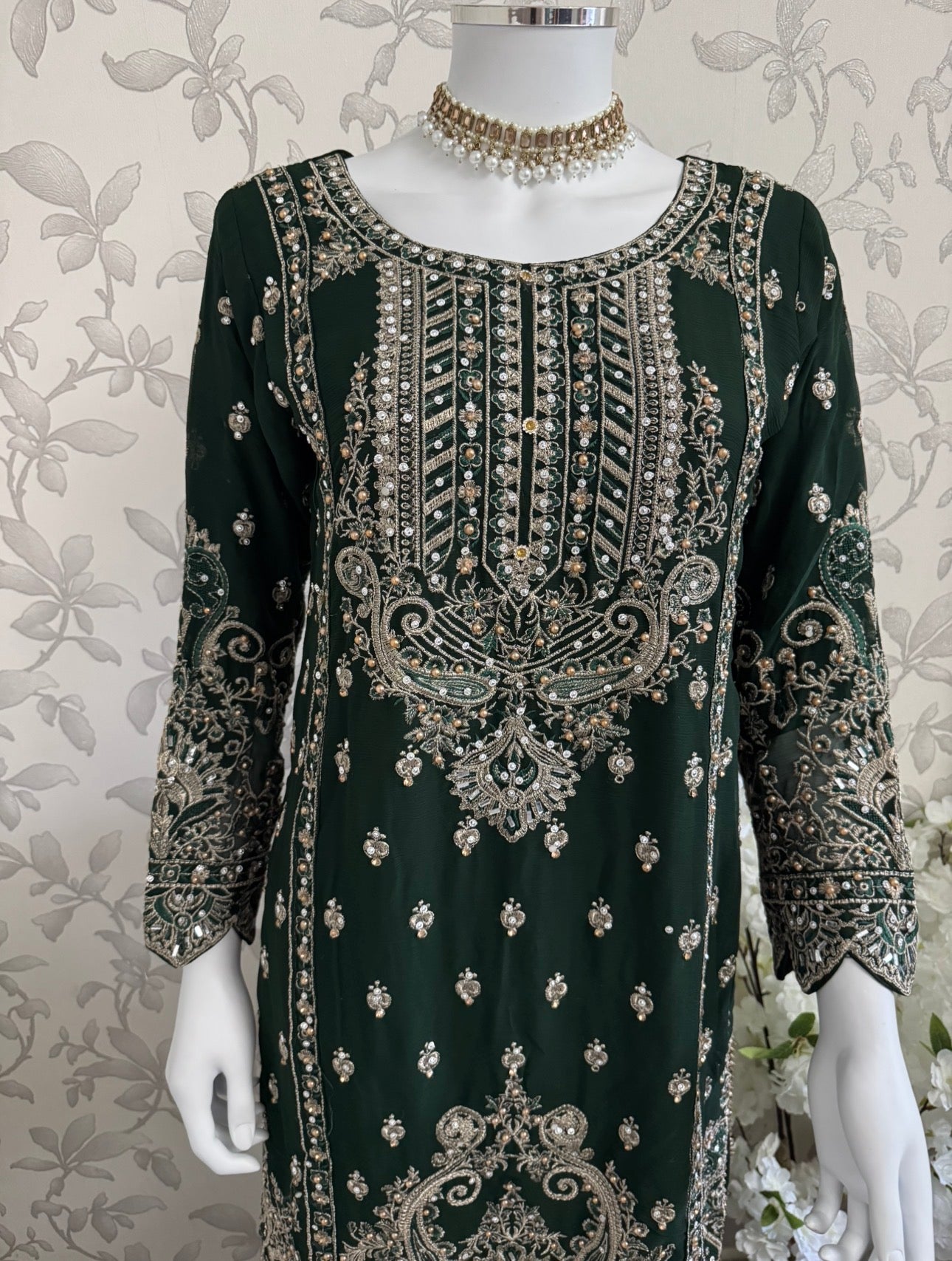 SAFFA- 3 piece Embroidered Chiffon Gharara Suit