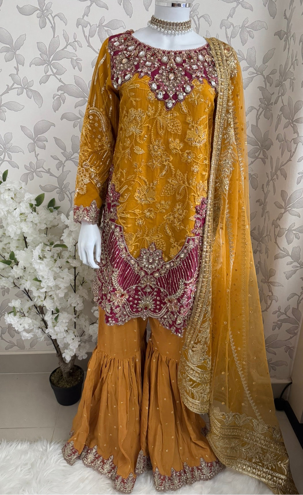 IMROZIAA- 3 piece Embroidered chiffon Gharara Suit