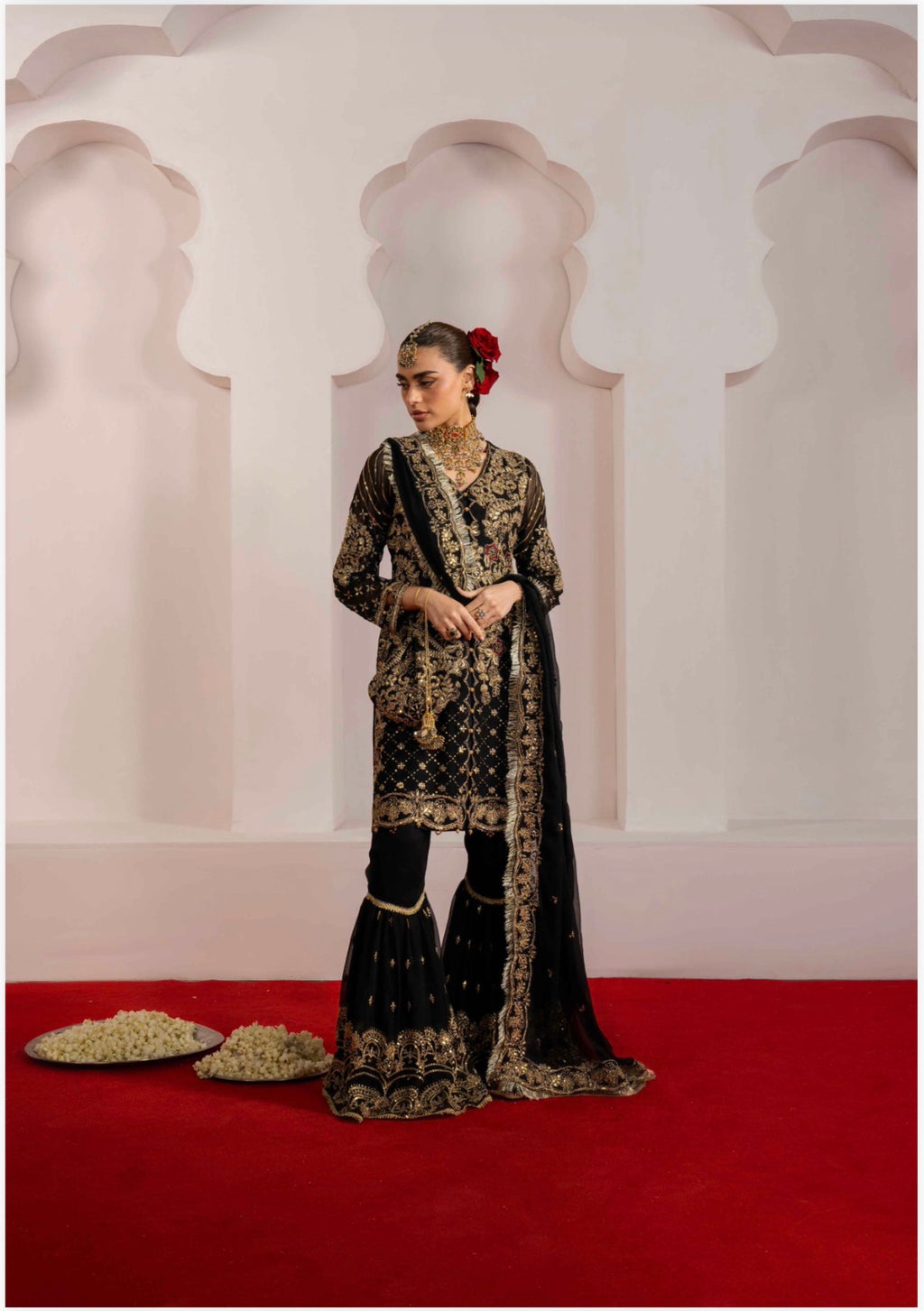 ALANI Black- 4 piece Embroidered chiffon Gharara Suit