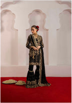 ALANI Black- 4 piece Embroidered chiffon Gharara Suit