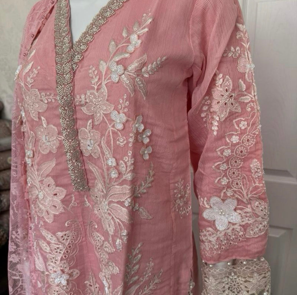 Rose Quartz-3 piece Luxury Embroidered khaadi Net Suit