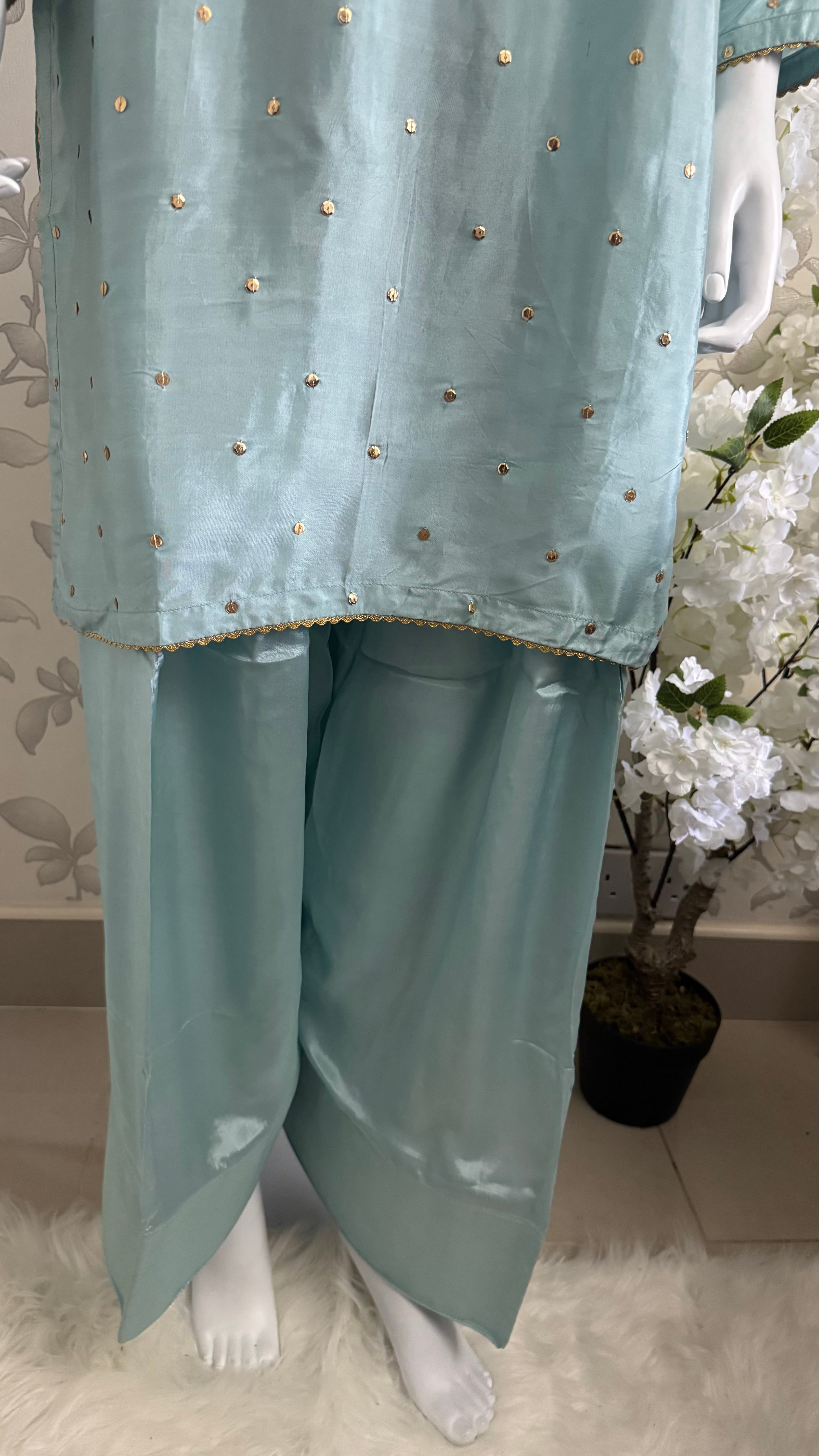 SILKY CHARM- 3 piece sequins Embroidered Silk Suit