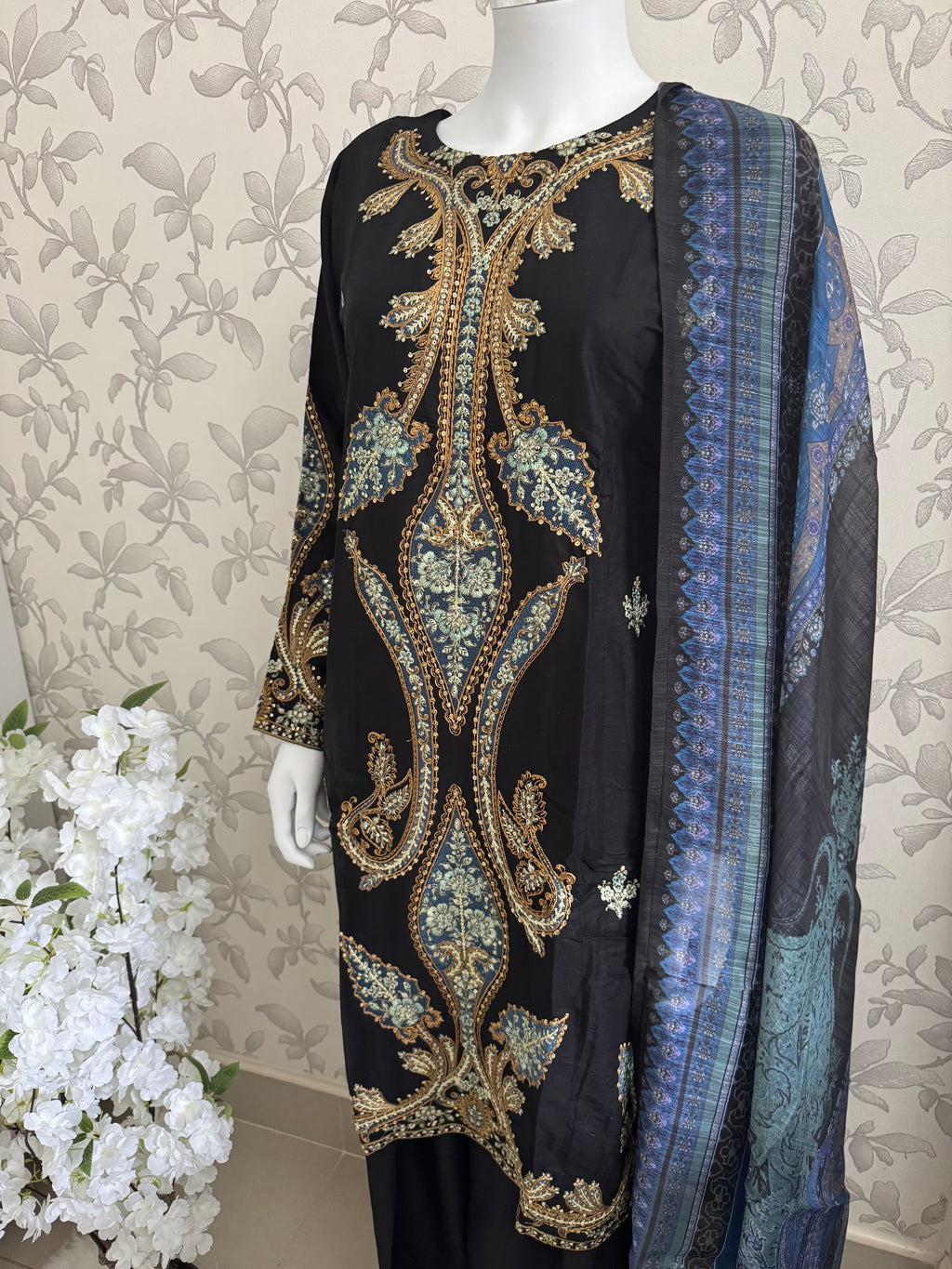 M Prints inspired Embroidered 3-Piece Suit | Pakistani Designer Dress