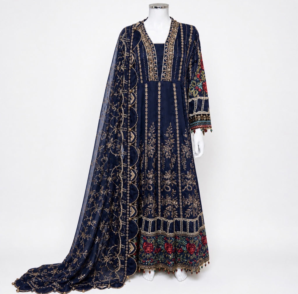 NOOR-E-LAILA 3 piece Embroidered Net Maxi Dress