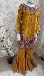 IMROZIAA- 3 piece Embroidered chiffon Gharara Suit