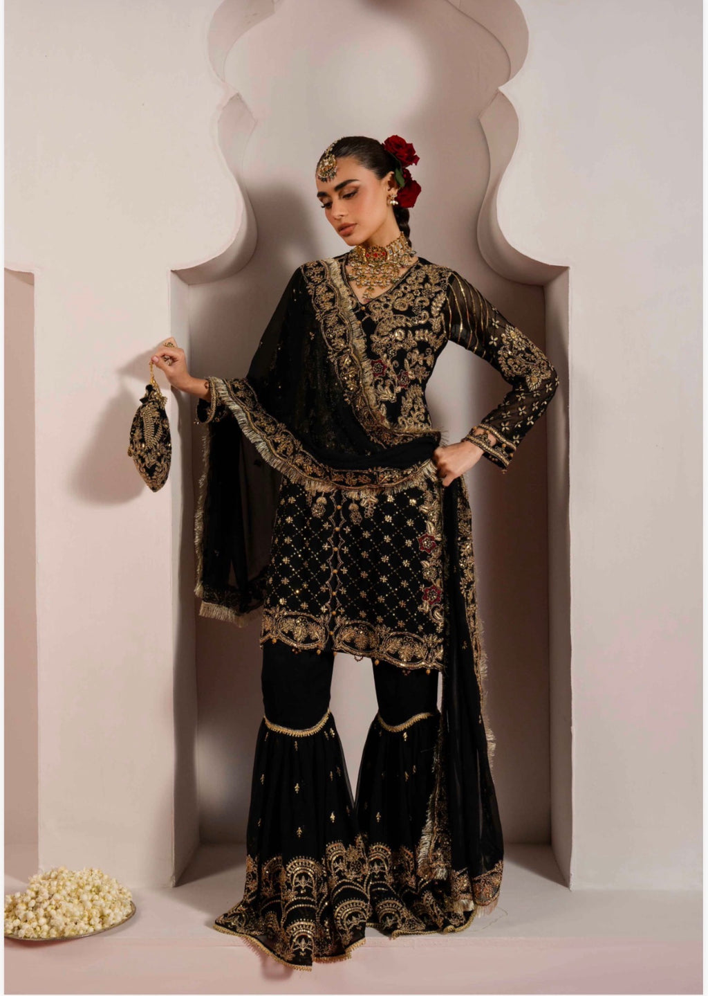 ALANI Black- 4 piece Embroidered chiffon Gharara Suit
