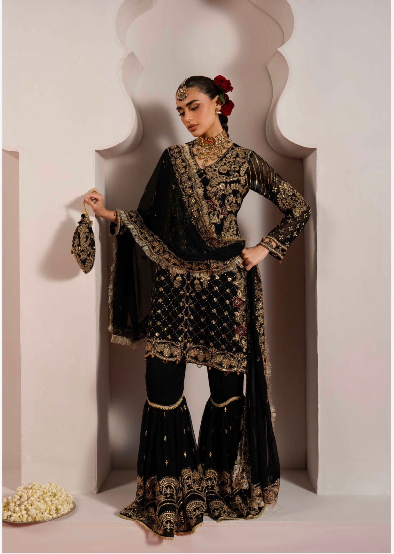 ALANI Black- 4 piece Embroidered chiffon Gharara Suit