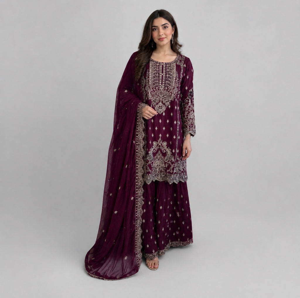 SAFFA- 3 piece Embroidered Chiffon Gharara Suit