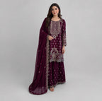 SAFFA- 3 piece Embroidered Chiffon Gharara Suit