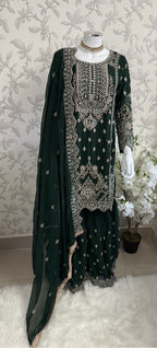 SAFFA- 3 piece Embroidered Chiffon Gharara Suit