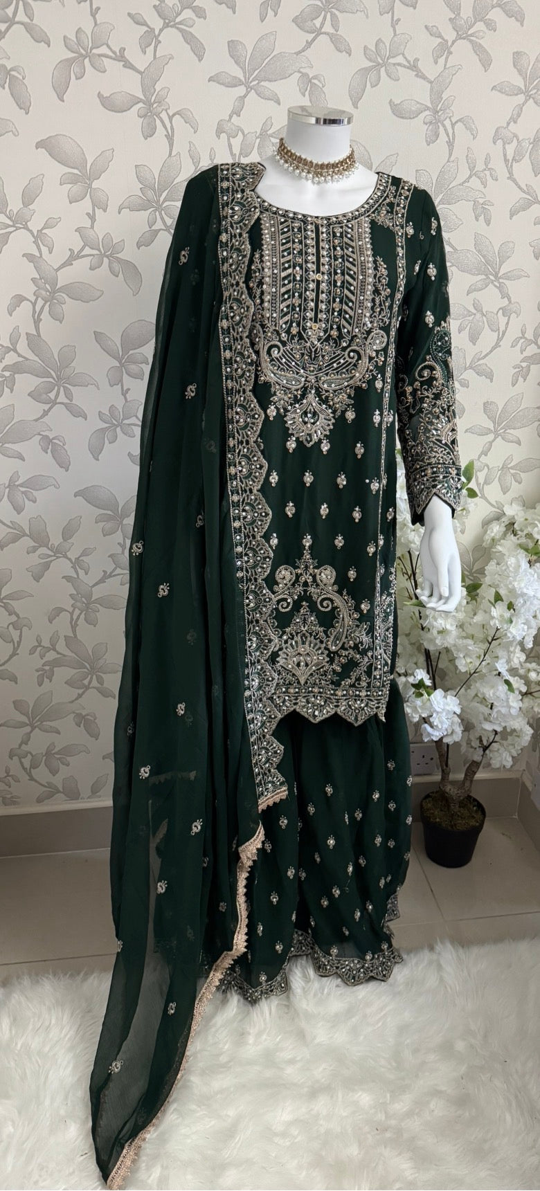 SAFFA- 3 piece Embroidered Chiffon Gharara Suit