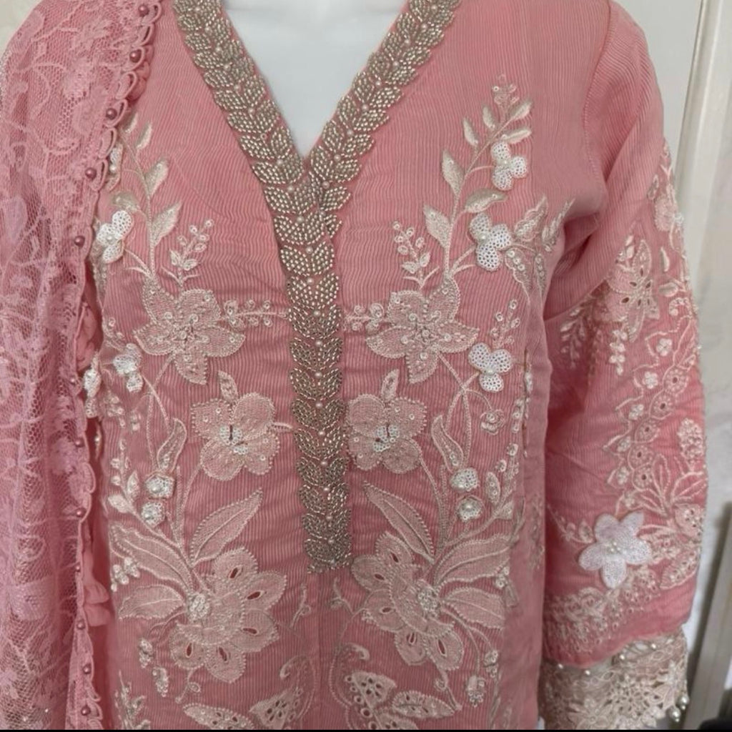 Rose Quartz-3 piece Luxury Embroidered khaadi Net Suit