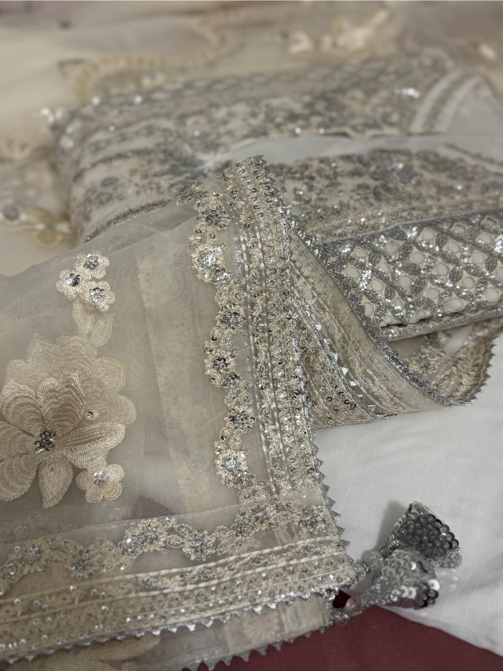 CHANDNI- 3 pieces Embroidered soft organza sharara Suit with embroidered chiffon Duppatta