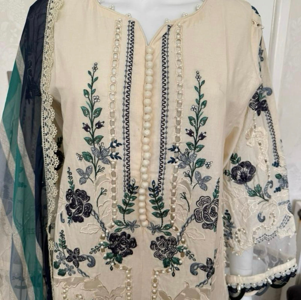 Azure Bloom- 3 piece Luxury Embroidered Suit