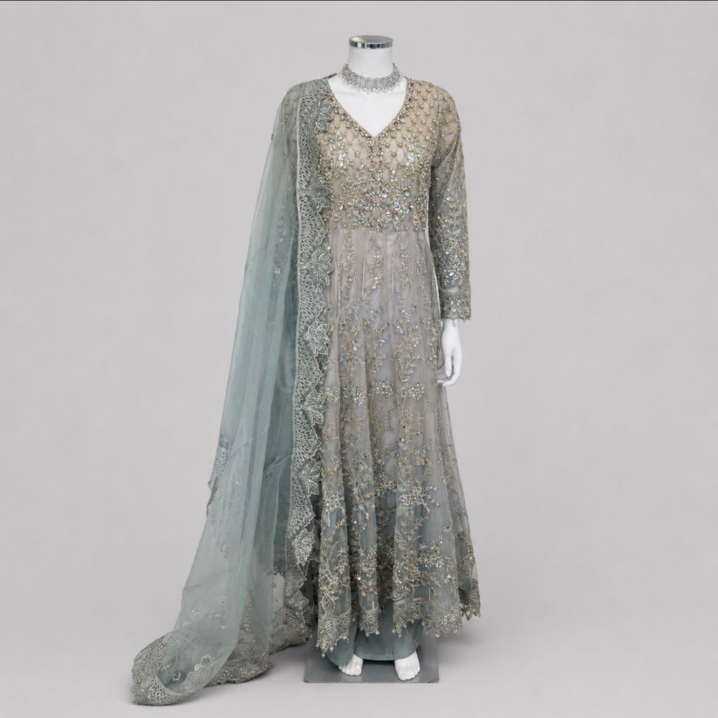 MASHAL- 3 pieces Embroidered Net Maxi Dress with embroidered organza Duppatta