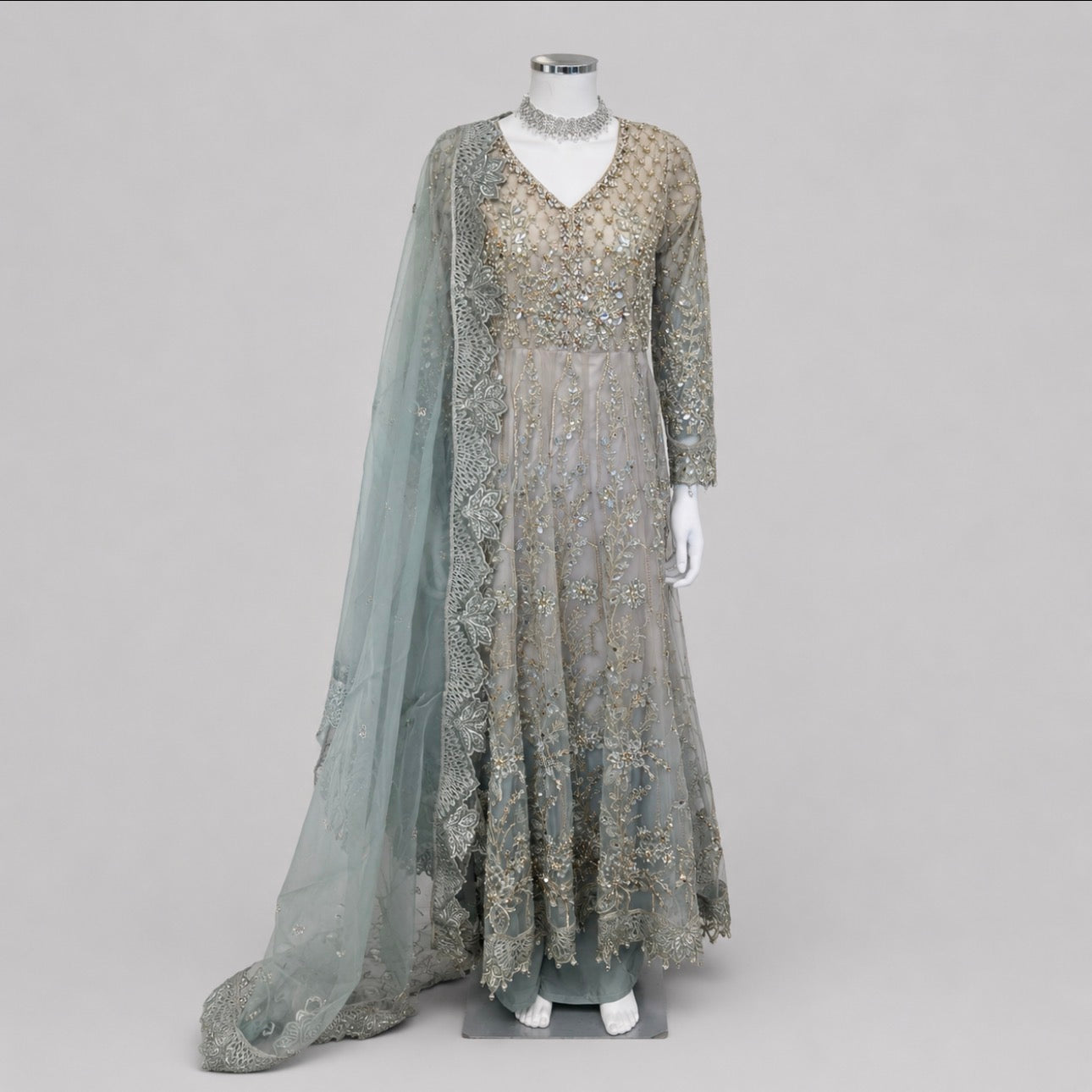 MASHAL- 3 pieces Embroidered Net Maxi Dress with embroidered organza Duppatta
