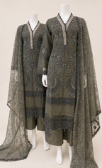 Sage Elegance- 3 piece Luxury Embroidered khaadi Net Suit