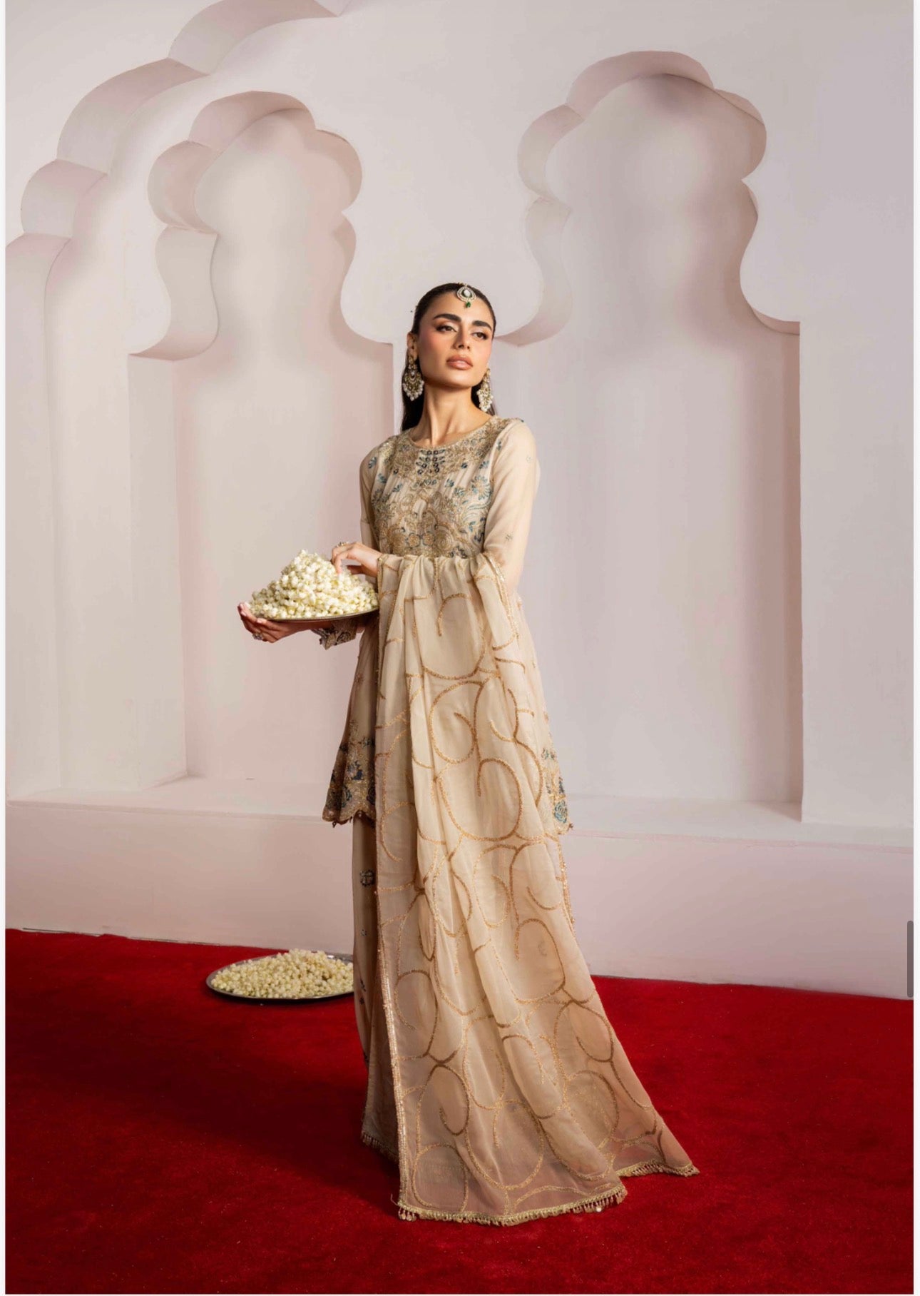 ALANI Champagne Beige- 3 piece Embroidered chiffon Peplum Suit