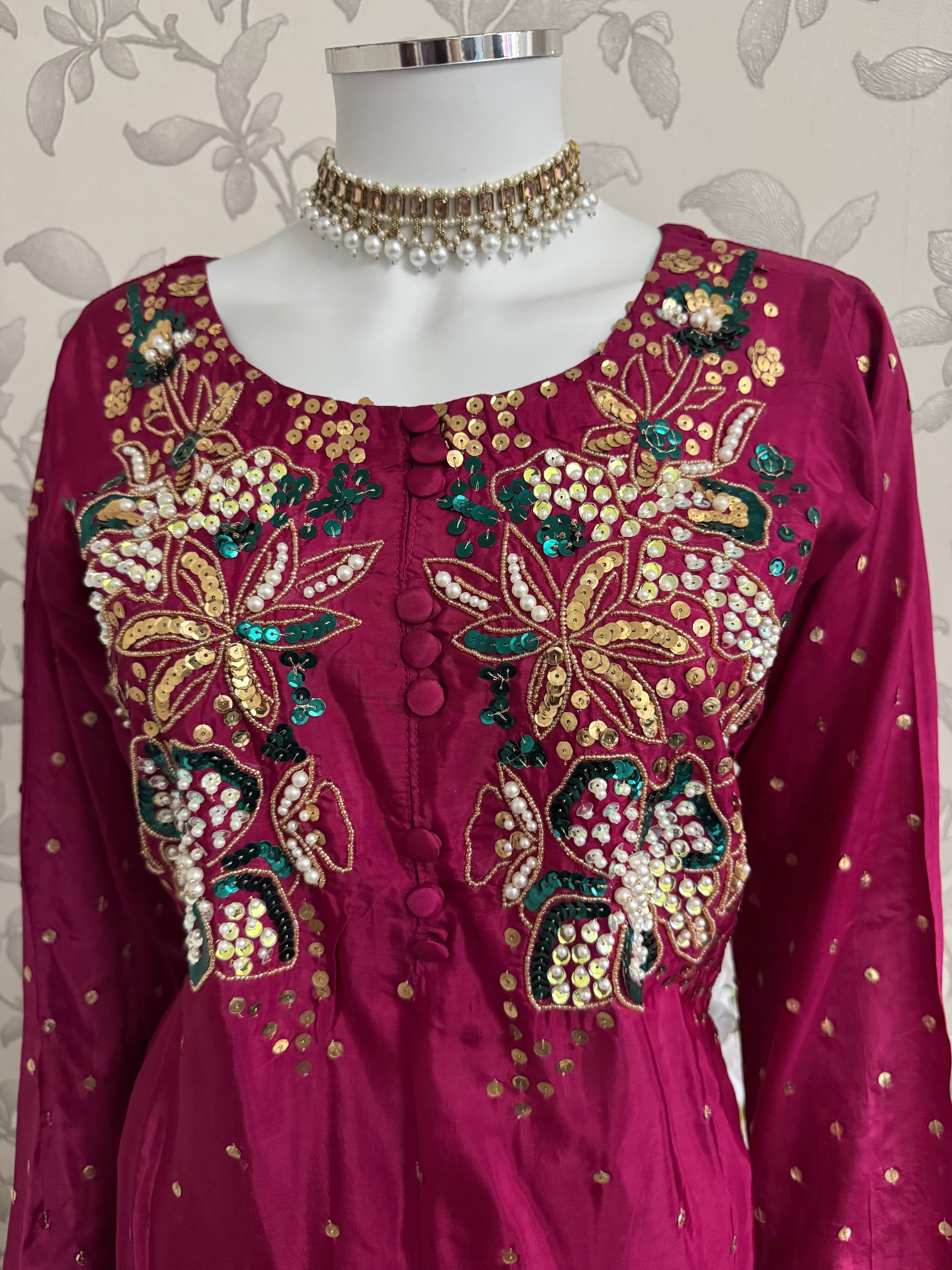 SILKY CHARM- 3 piece sequins Embroidered Silk Suit