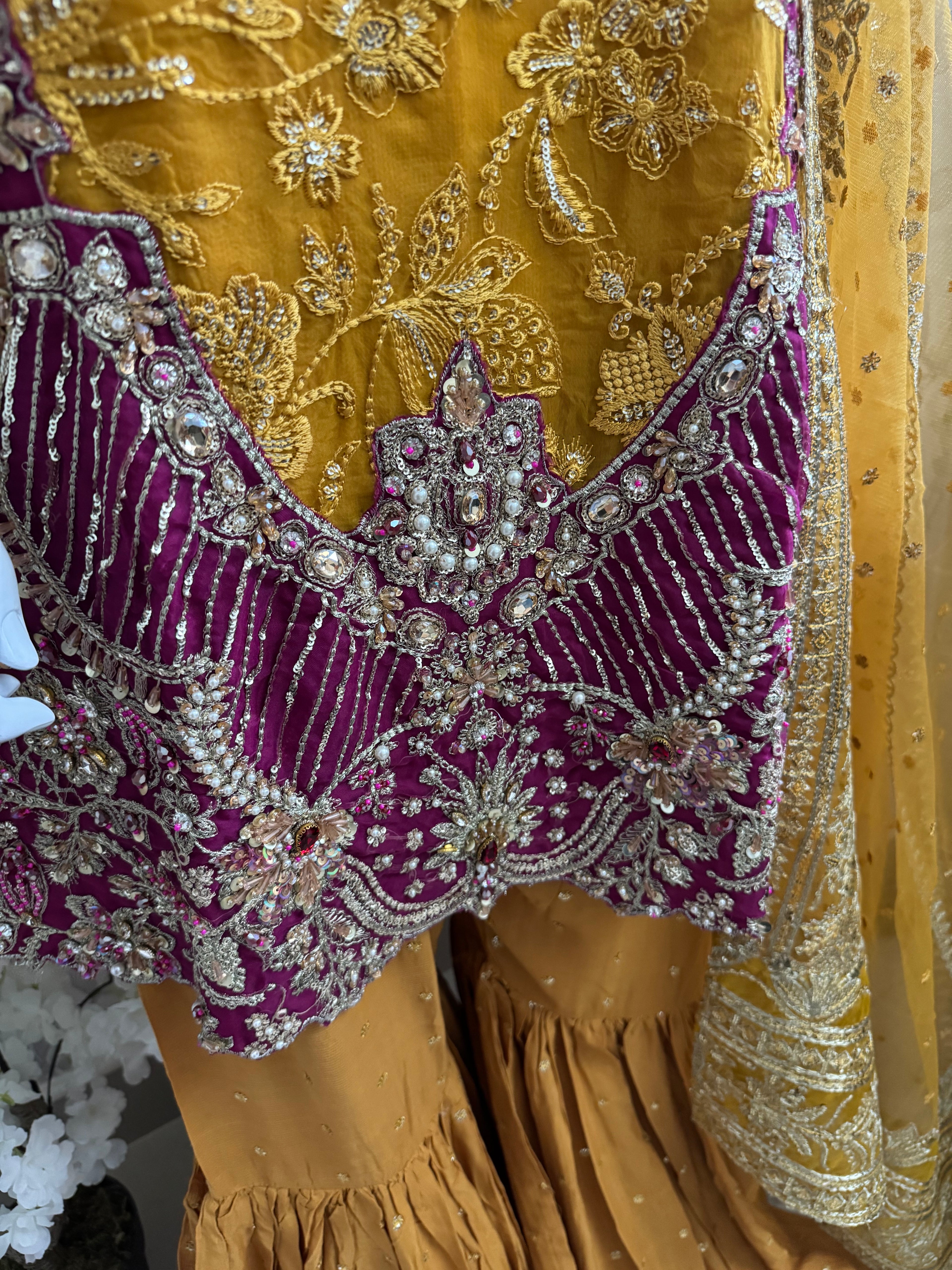 IMROZIAA- 3 piece Embroidered chiffon Gharara Suit