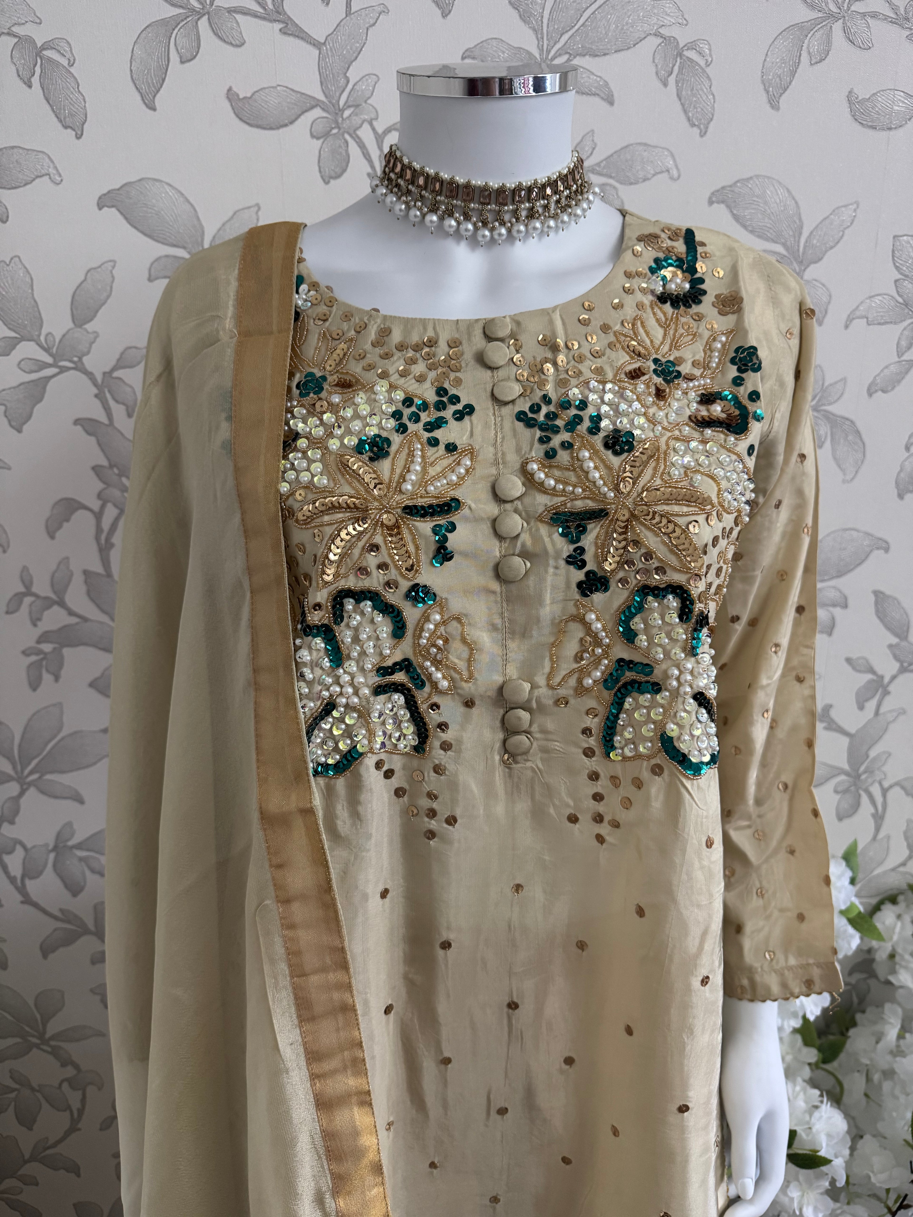 SILKY CHARM- 3 piece sequins Embroidered Silk Suit