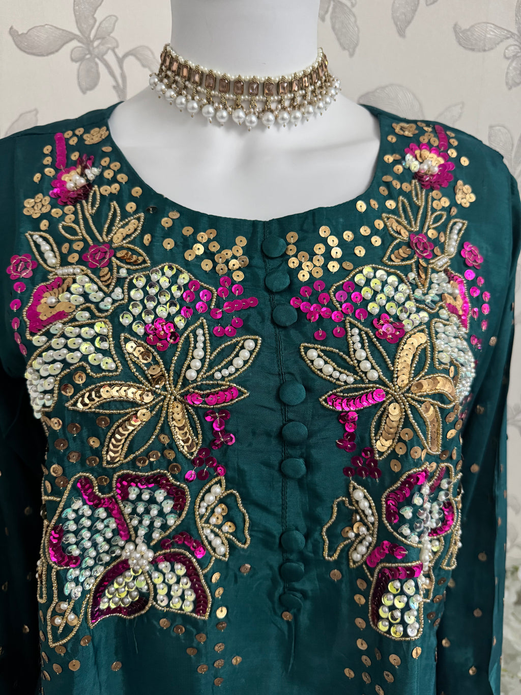 SILKY CHARM- 3 piece sequins Embroidered Silk Suit