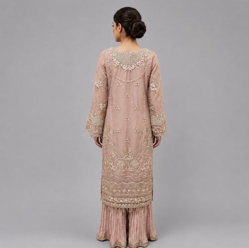 SERENE Blush Pink- 3 piece Embroidered soft organza Sharara Suit