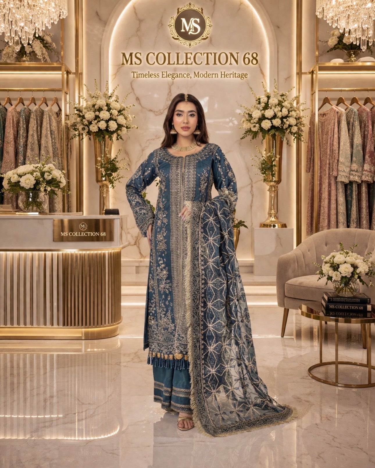 NUREH- 3 pieces heavy embroidered soft organza suit