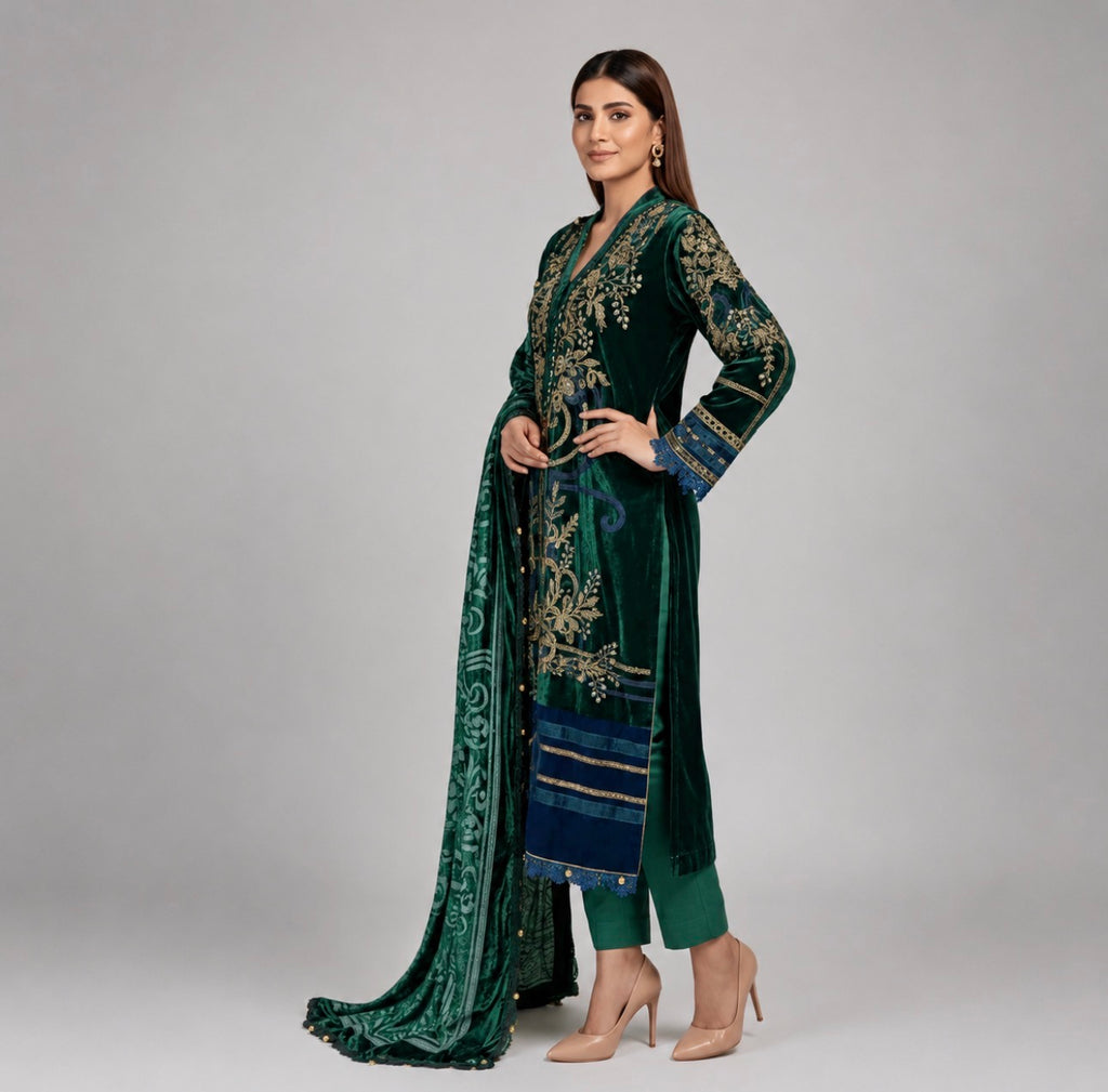 D2 VELVET-Emerald Royale Embroidered 3-Piece Suit with Luxury Dupatta