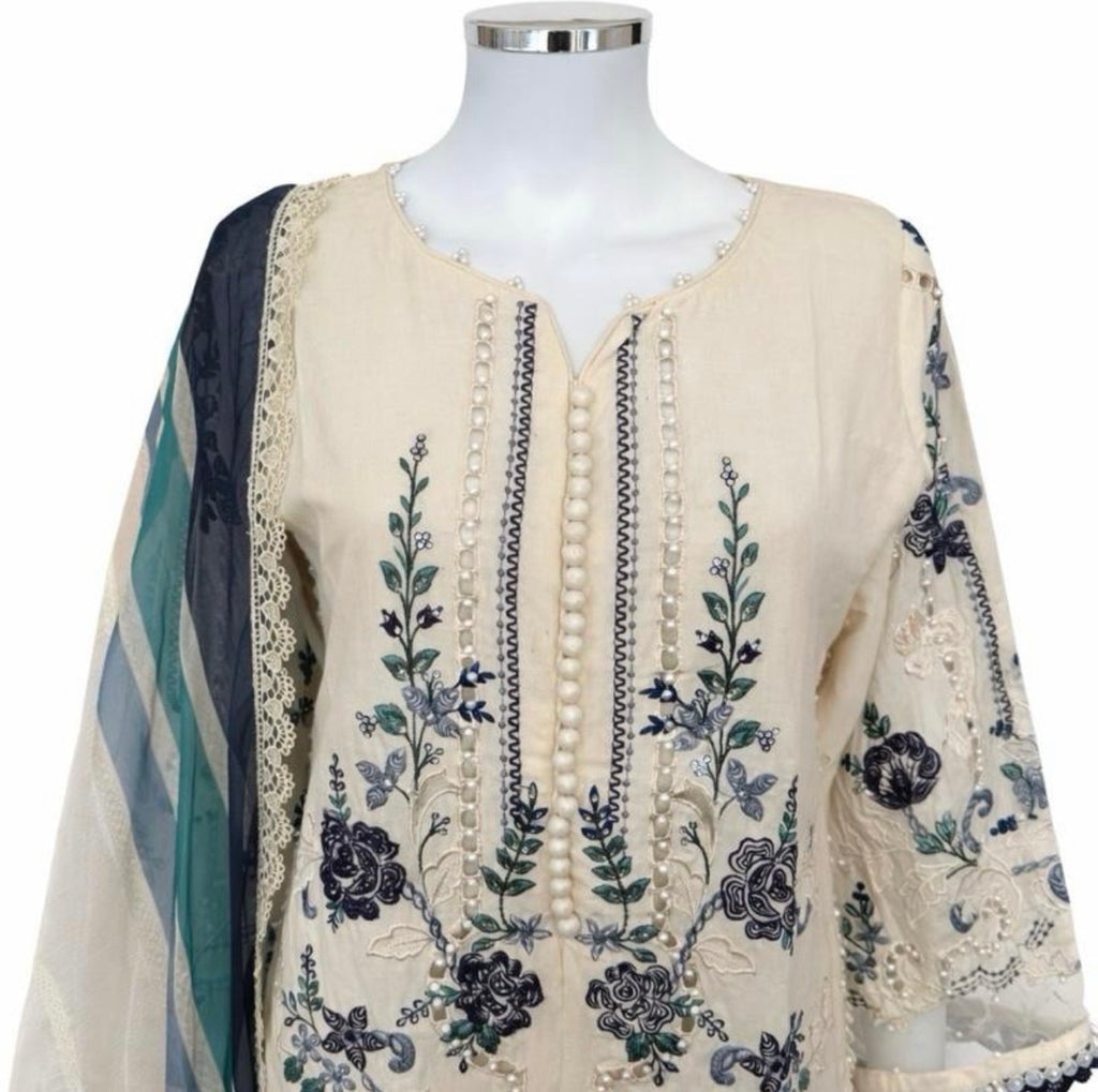 Azure Bloom- 3 piece Luxury Embroidered Suit