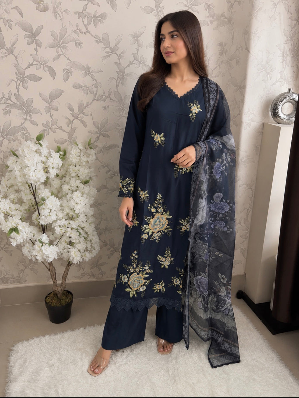 M Prints inspired Embroidered 3-Piece Suit | Pakistani Designer Dress