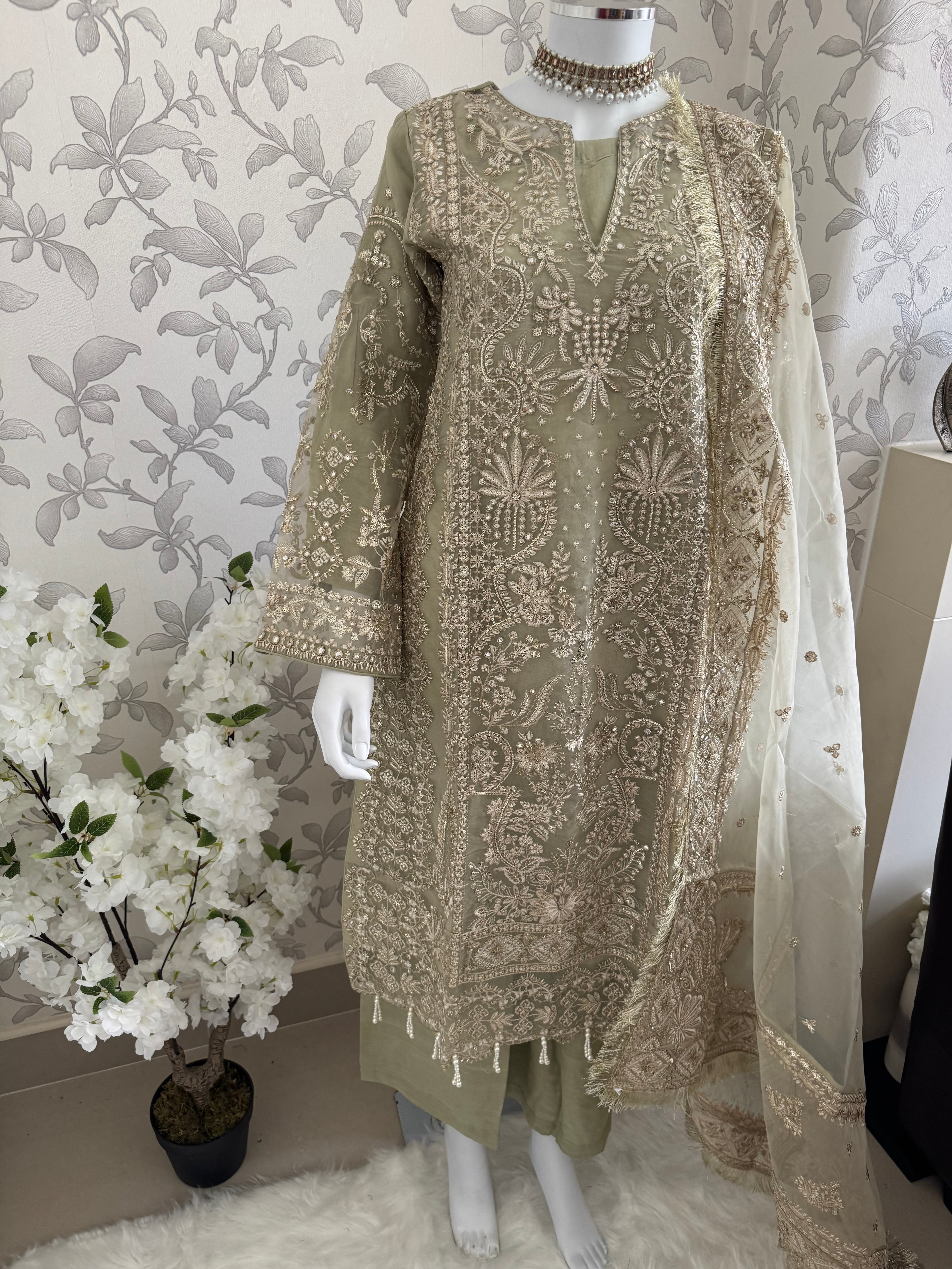 AFROZ Sage green-3 piece Embroidered soft Organza Suit