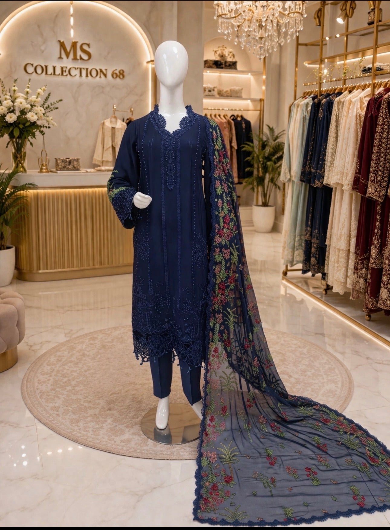 Luxury Navy Blue Embroidered 3 Piece chiffon Suit with embroidered chiffon Dupatta