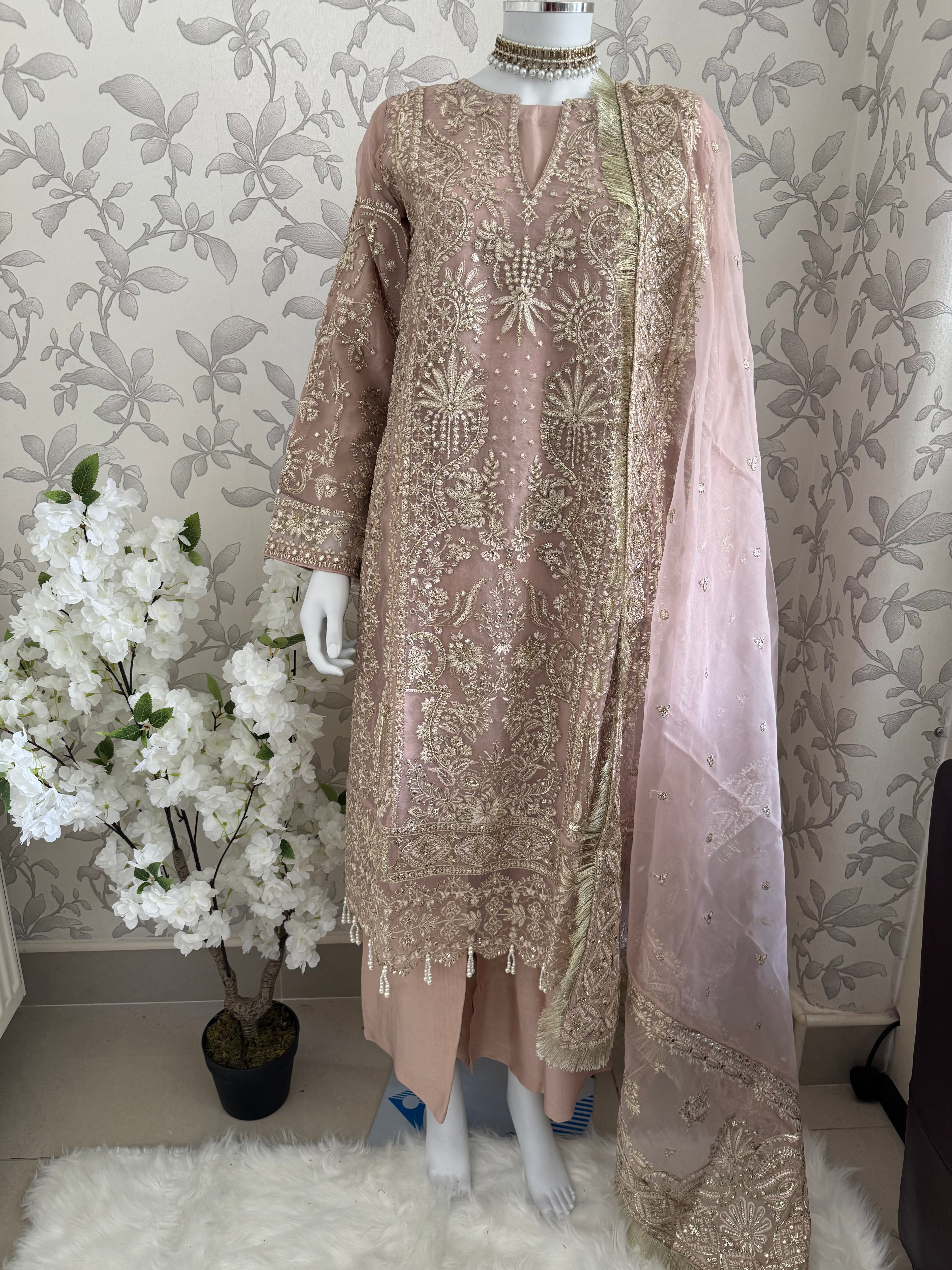 AFROZ Blush Pink- 3 piece Embroidered soft Organza suit