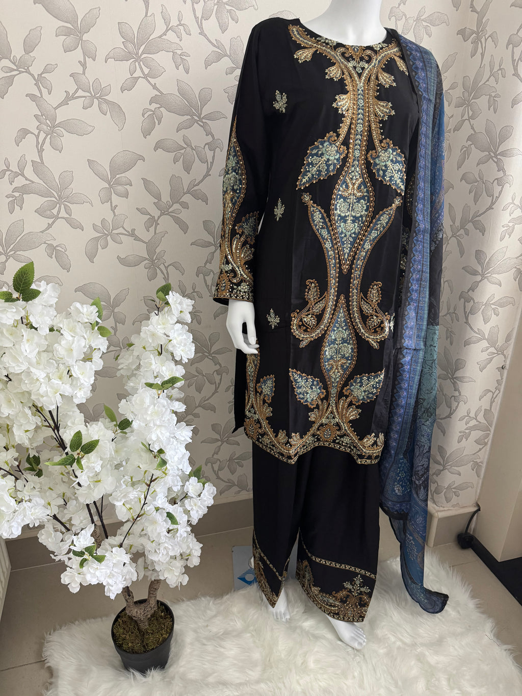 M Prints inspired Embroidered 3-Piece Suit | Pakistani Designer Dress