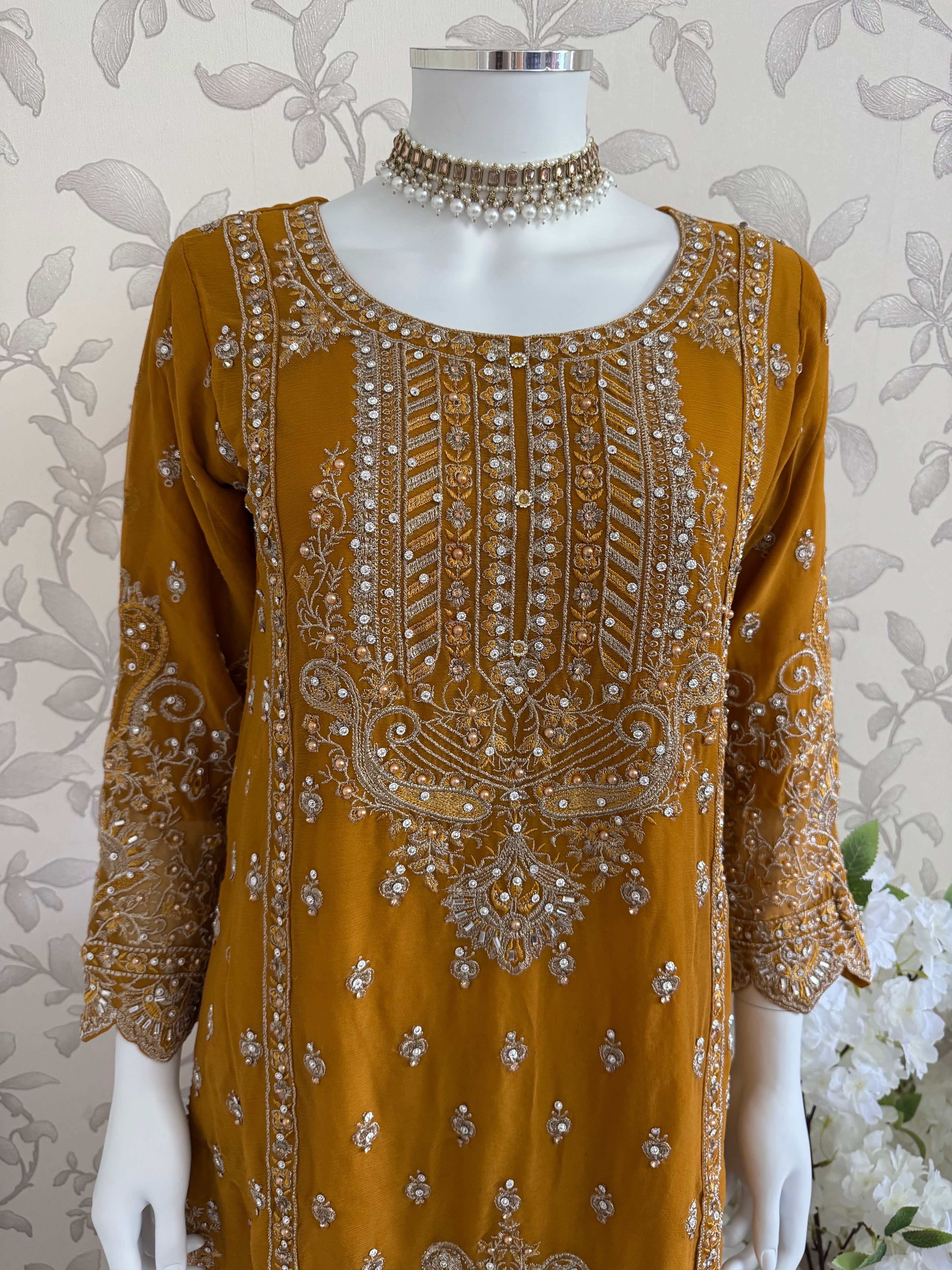 SAFFA- 3 piece Embroidered Chiffon Gharara Suit