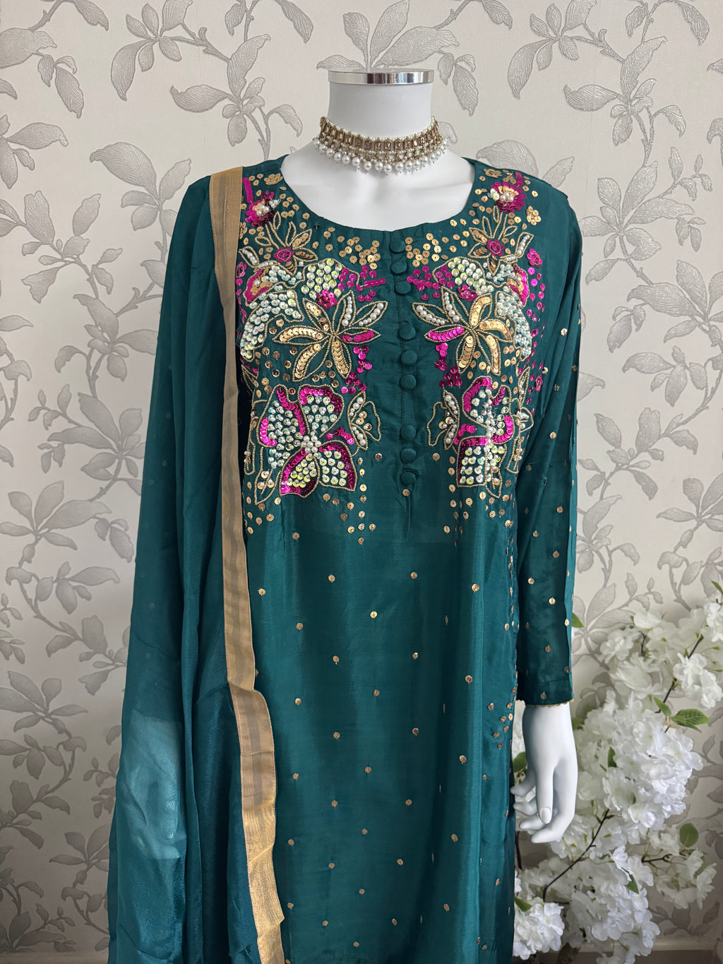 SILKY CHARM- 3 piece sequins Embroidered Silk Suit