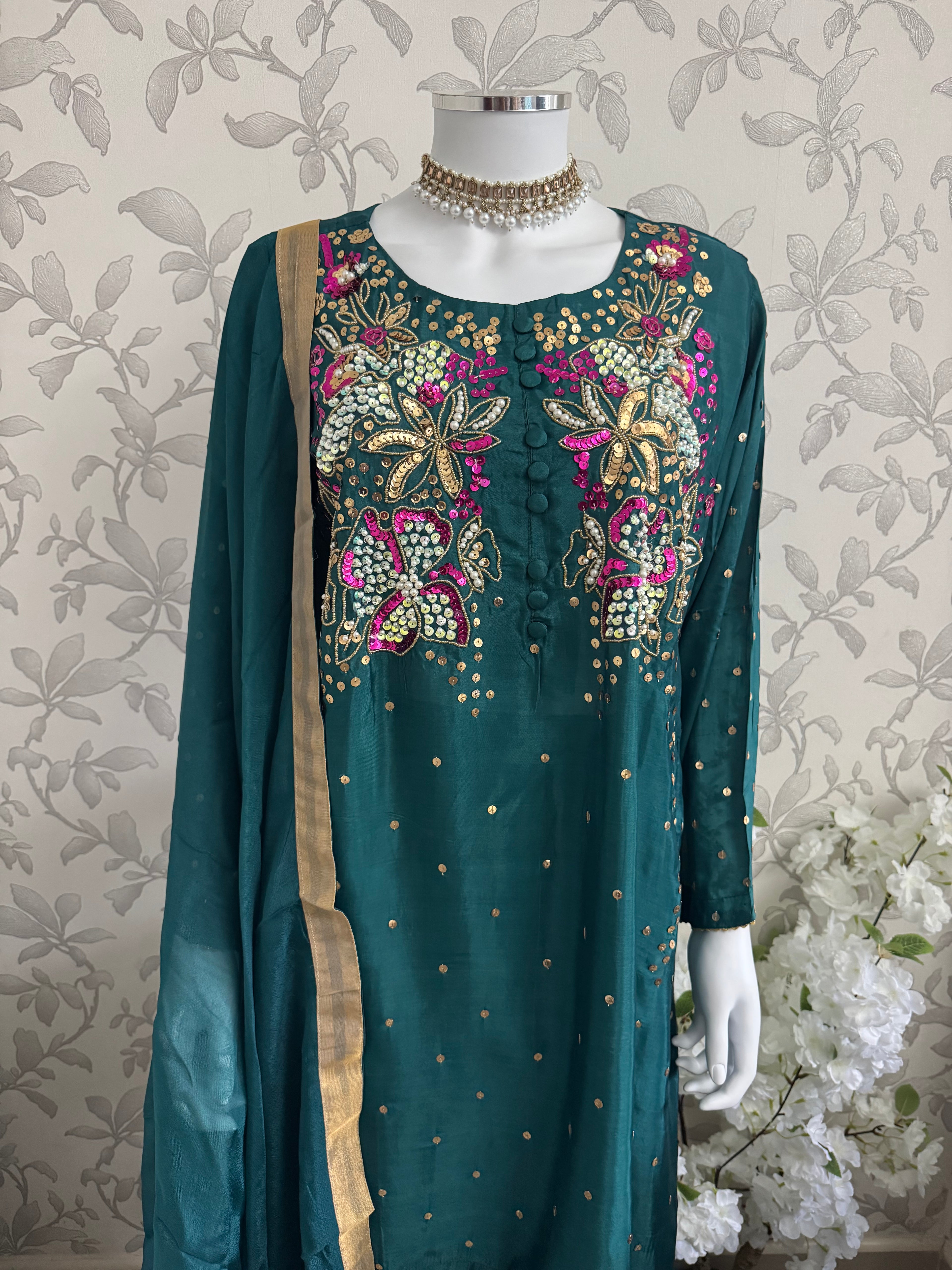 SILKY CHARM- 3 piece sequins Embroidered Silk Suit