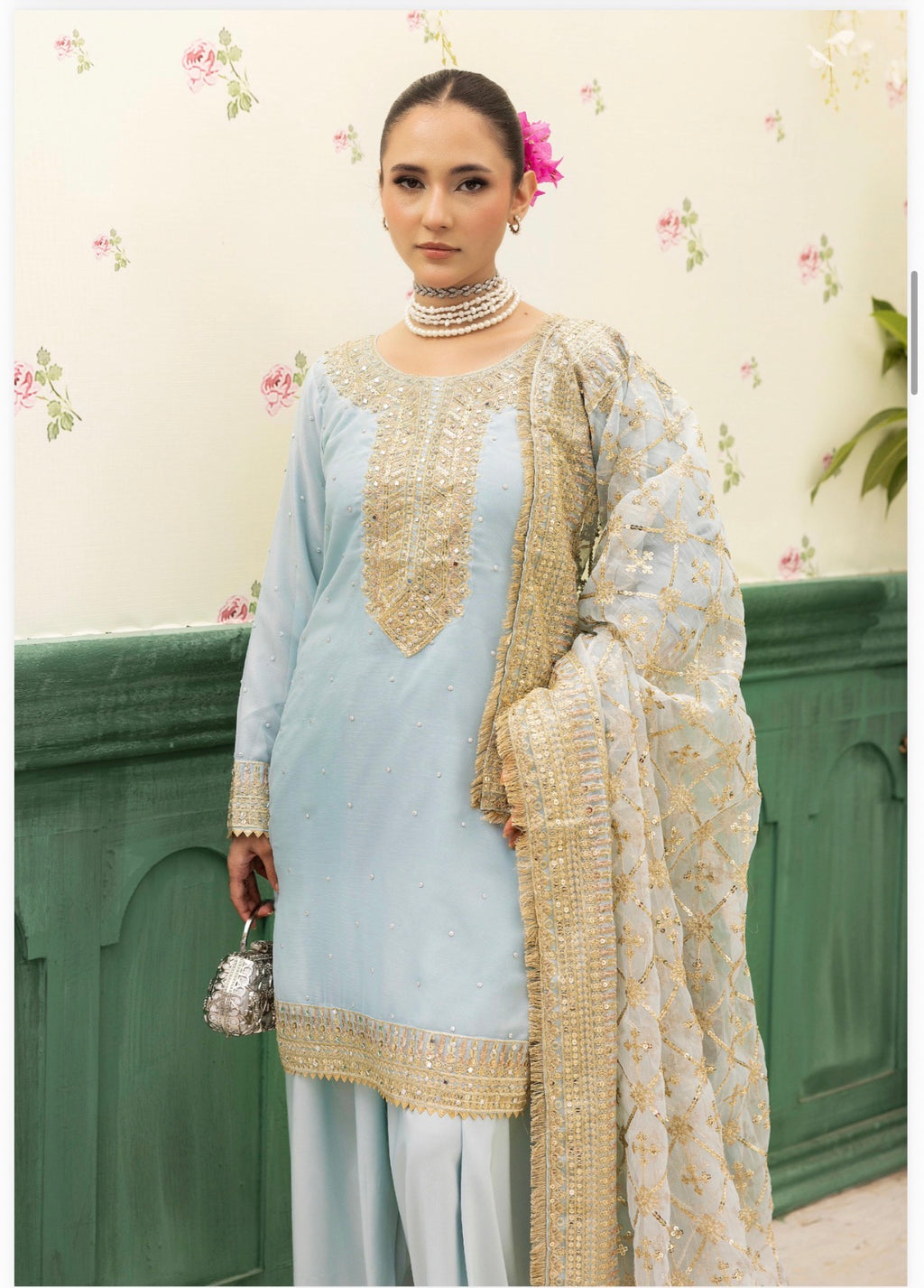 HAYA- 3 pcs embroidered chiffon suit with heavy embroidered organza duppatta