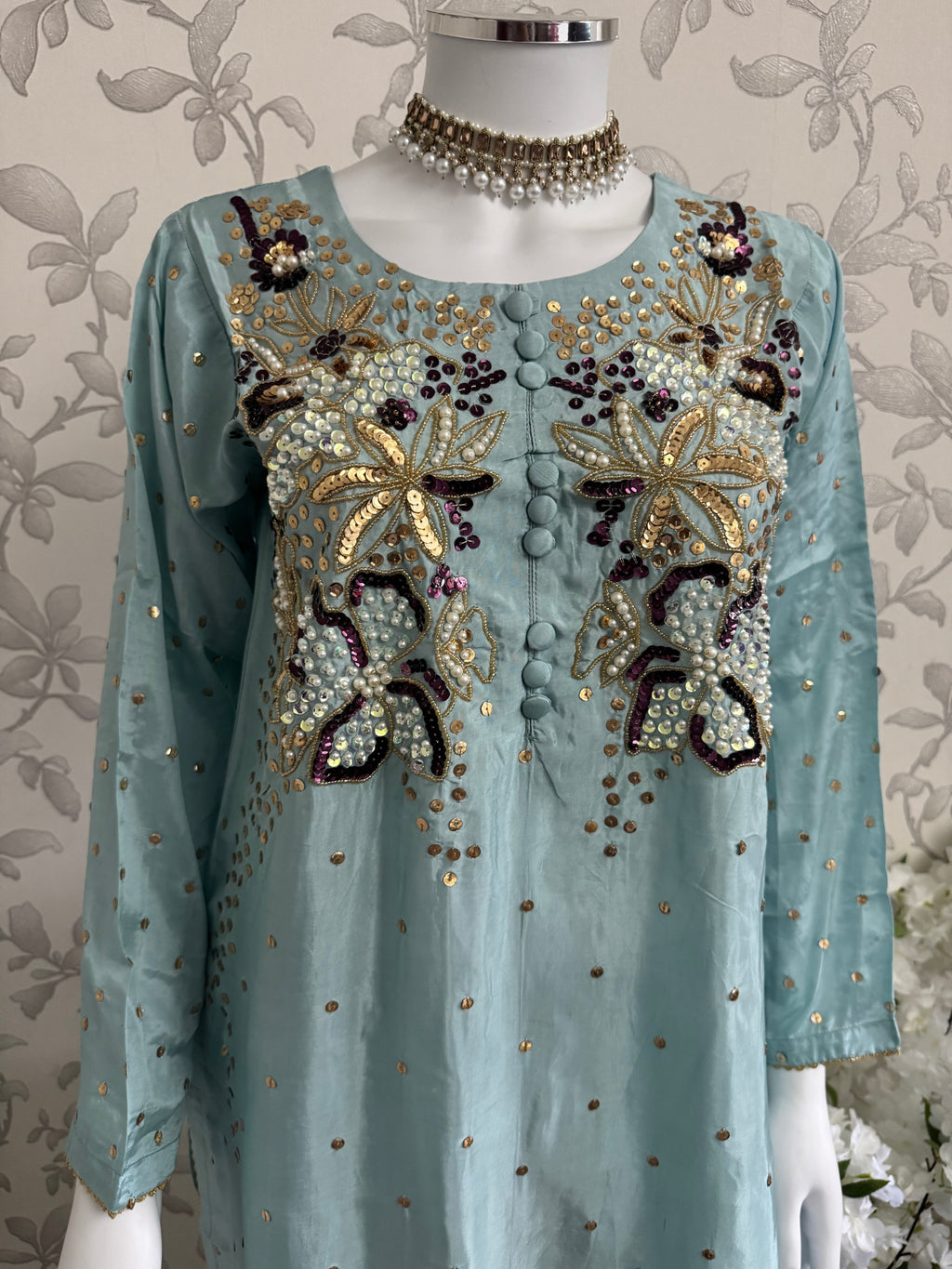 SILKY CHARM- 3 piece sequins Embroidered Silk Suit