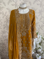 SAFFA- 3 piece Embroidered Chiffon Gharara Suit