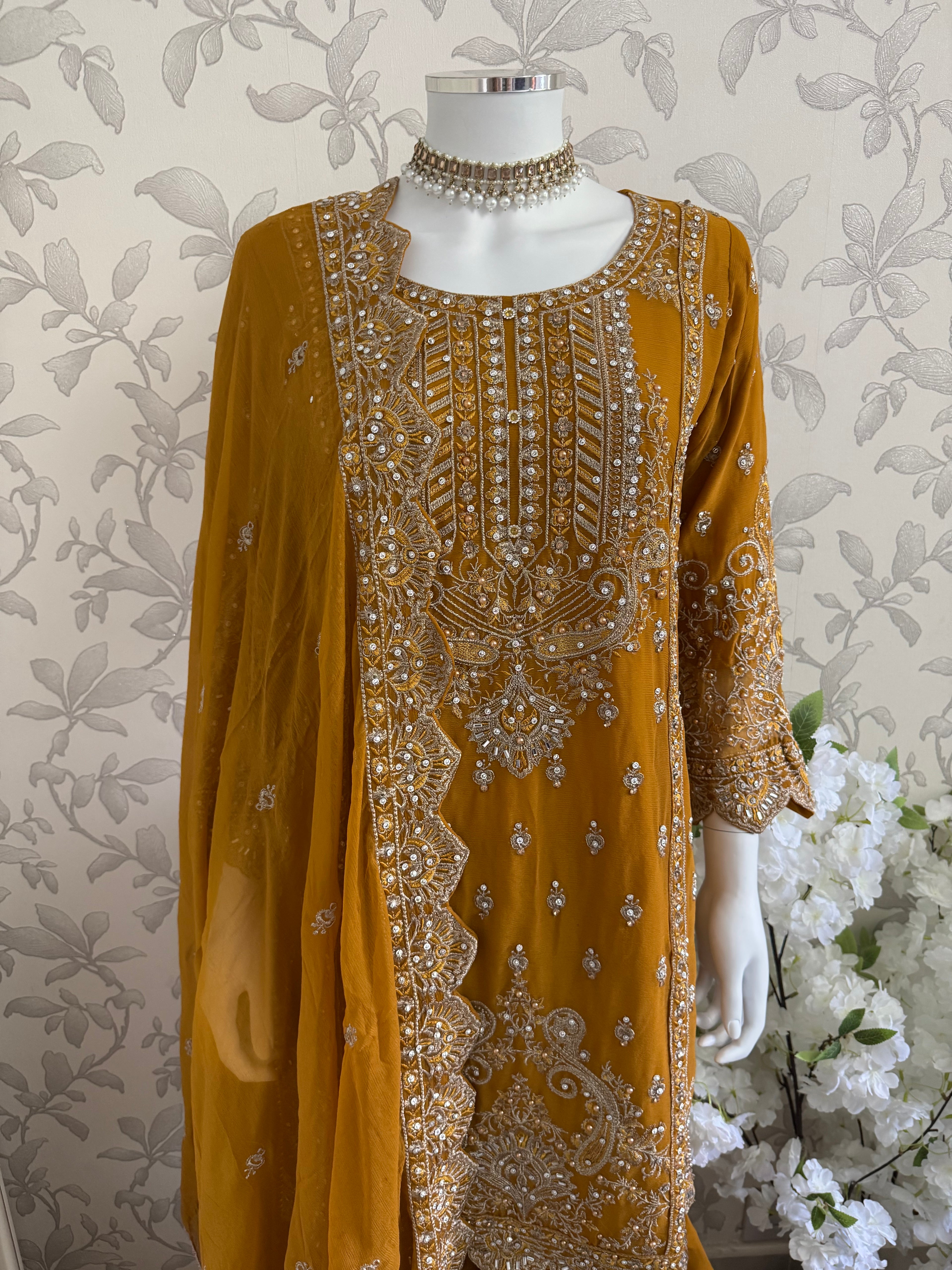 SAFFA- 3 piece Embroidered Chiffon Gharara Suit