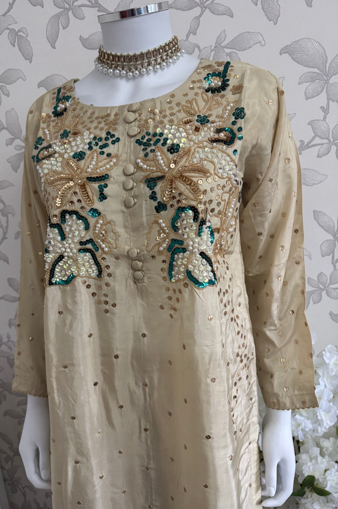 SILKY CHARM- 3 piece sequins Embroidered Silk Suit