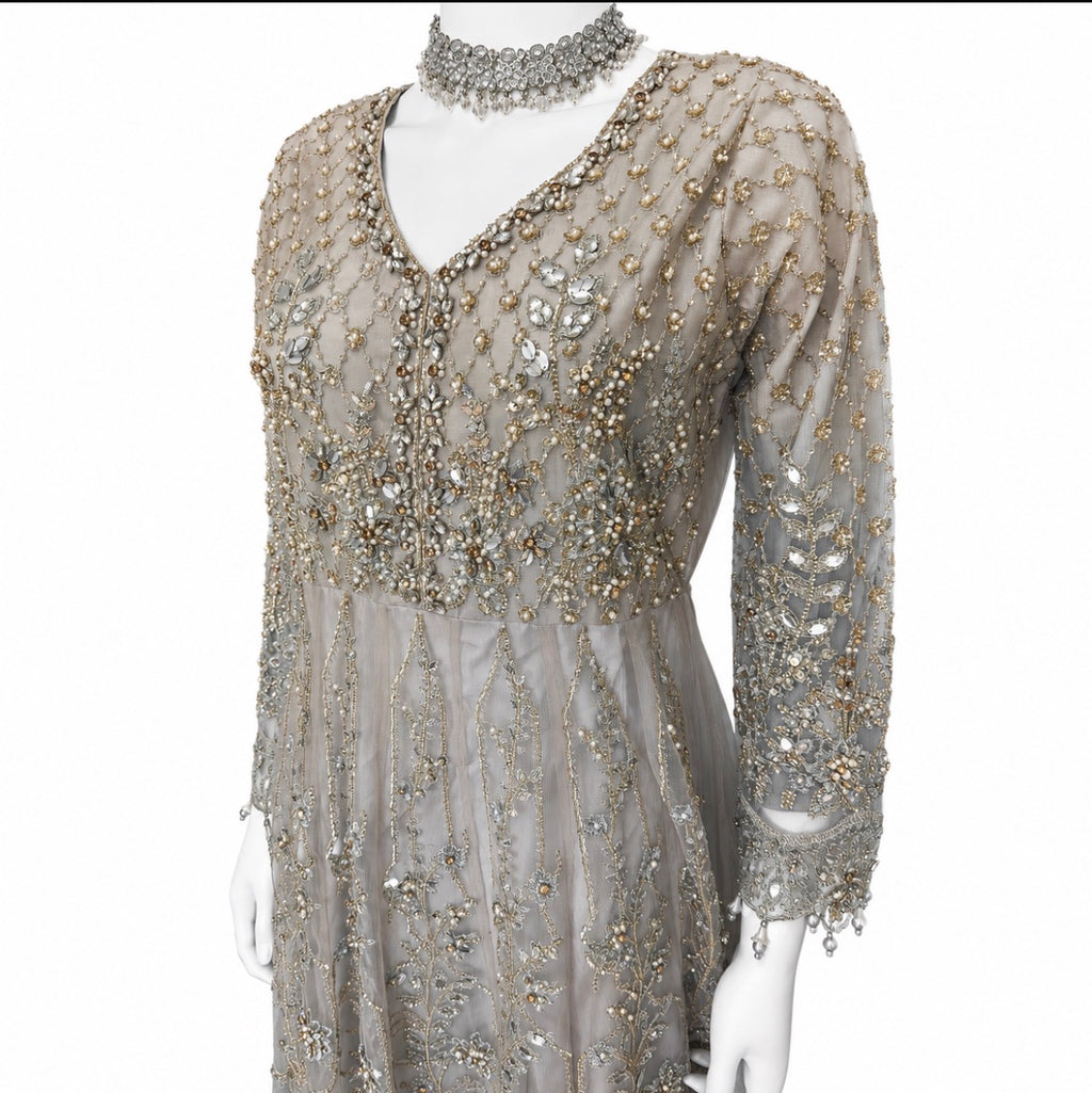MASHAL- 3 pieces Embroidered Net Maxi Dress with embroidered organza Duppatta