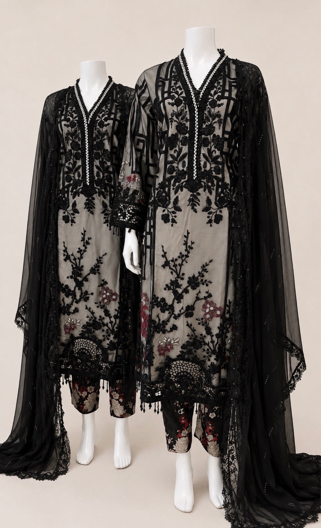 Noir Blossom- 3 piece Luxury Embroidered Net Suit