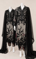 Noir Blossom- 3 piece Luxury Embroidered Net Suit