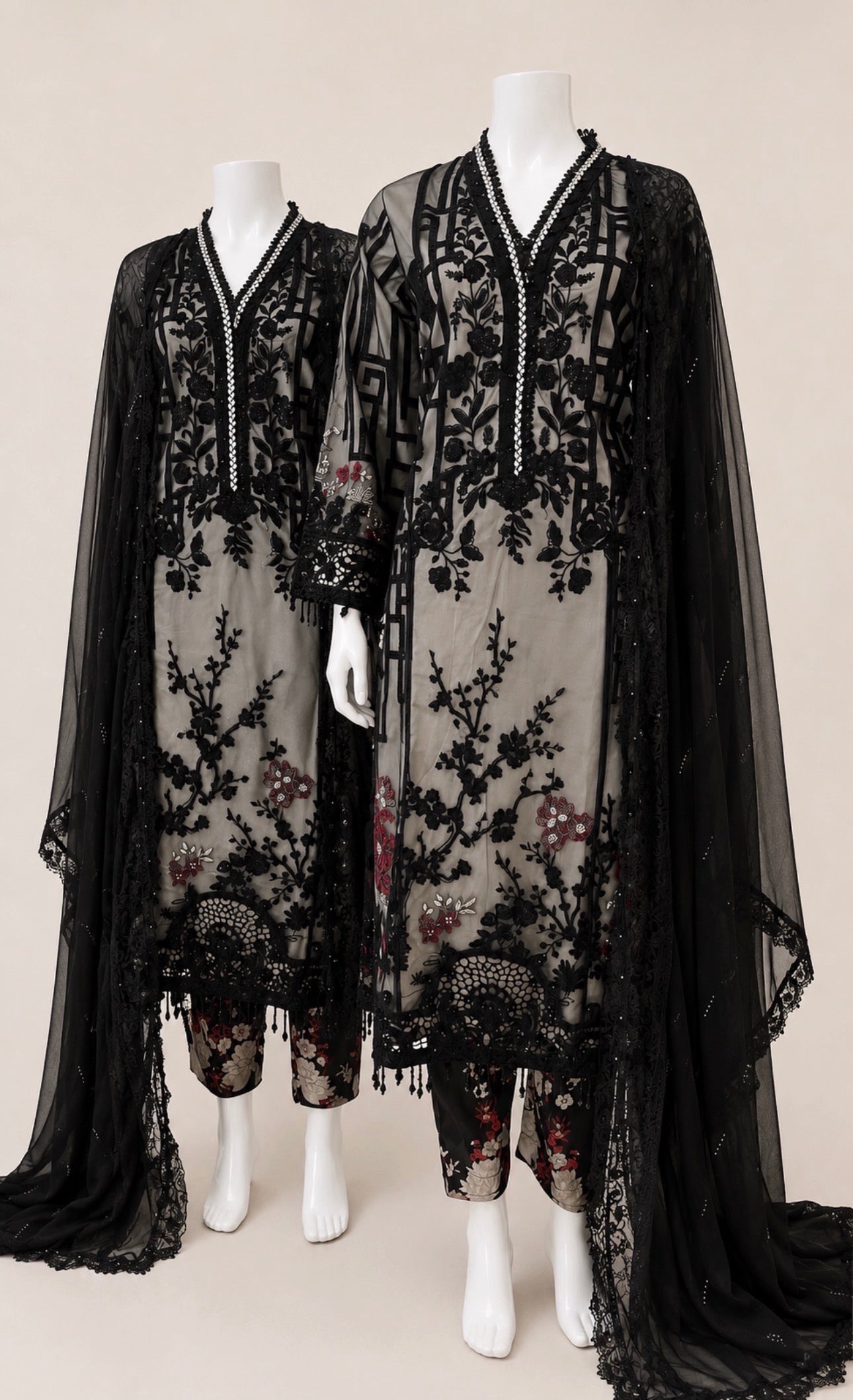 Noir Blossom- 3 piece Luxury Embroidered Net Suit