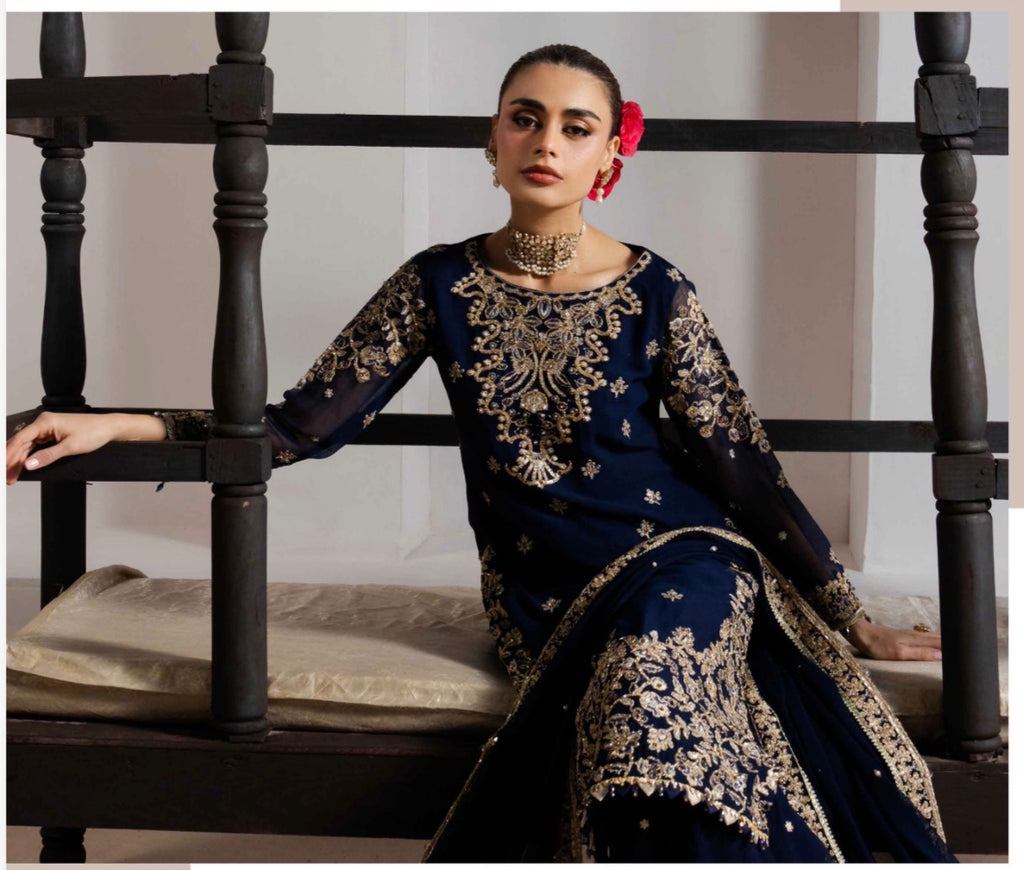 ALANI Navy Blue- 3 pieces Embroidered plazo sharara Suit