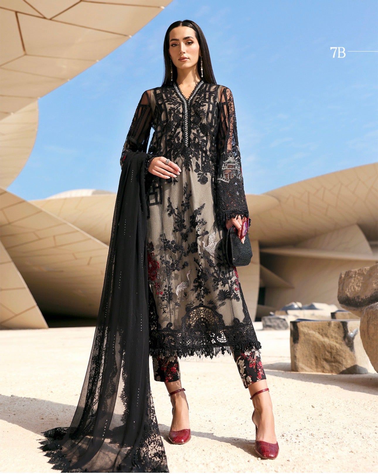 Noir Blossom- 3 piece Luxury Embroidered Net Suit